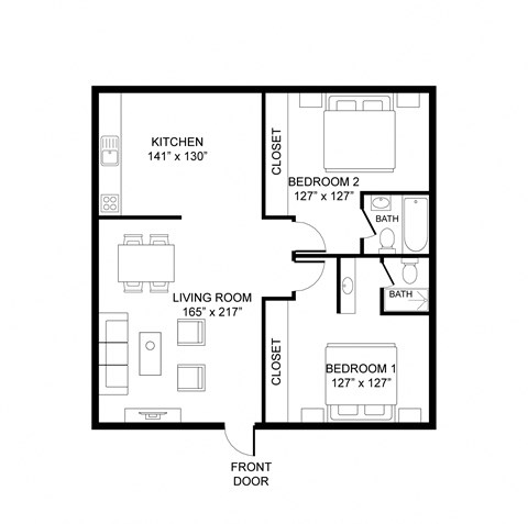 Floor plan for 2 beds, 2 baths, 800 sqft